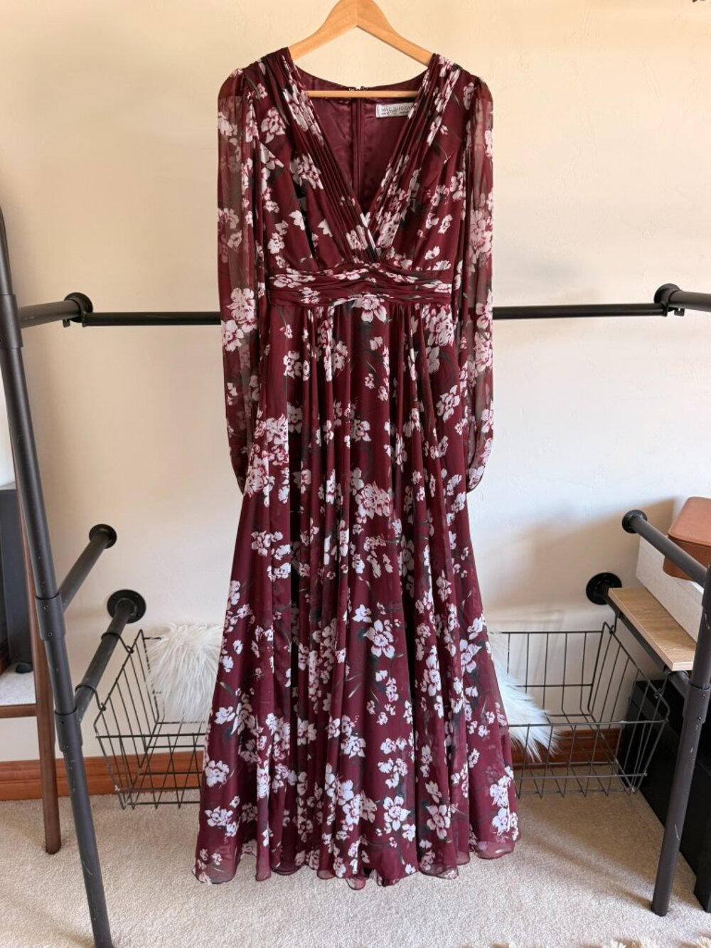 Mac Duggal Burgandy Floral Long Sleeve Chiffon Gown 4 - Picture 4 of 11